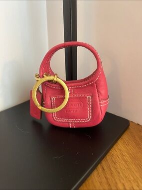 Vintage Coach Pink Mini Leather Bag Keyring, Key fob with Gold Ring.